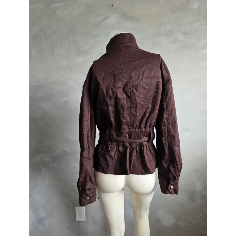 Banana Republic Linen Aviator Tie Waist Jacket Top Bark Brown Sz S High Neck - Picture 5 of 11
